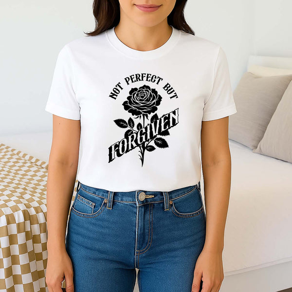 Not Perfect Just Forgiven Women's Religious T-Shirt – Faith-Based Graphic Tee, Short Sleeve, Round Neck, Soft Cotton/Polyester Blend - View #4