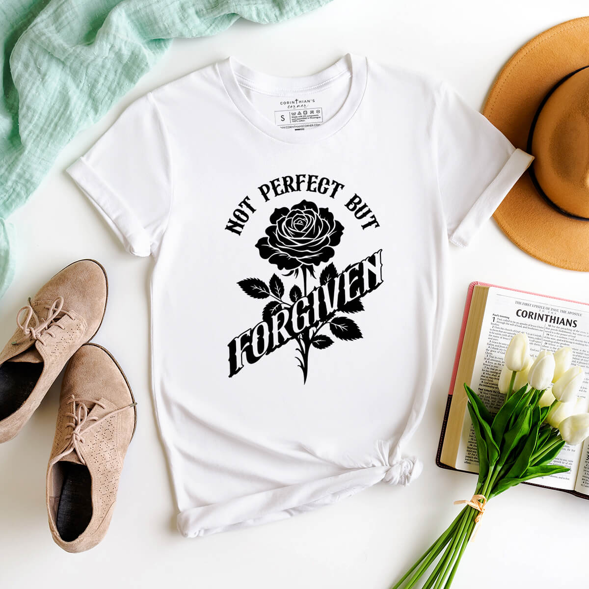 Not perfect just forgiven shirt on white