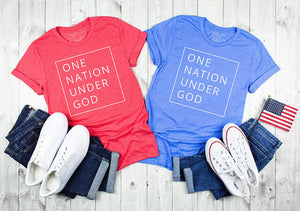 Matching one nation under god t-shirts in red and blue