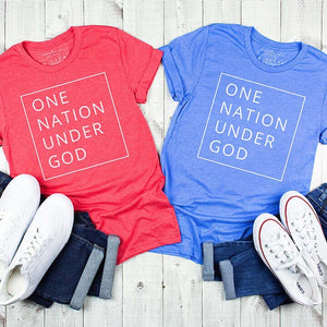 Blue patriotic shirt that reads one nation under god