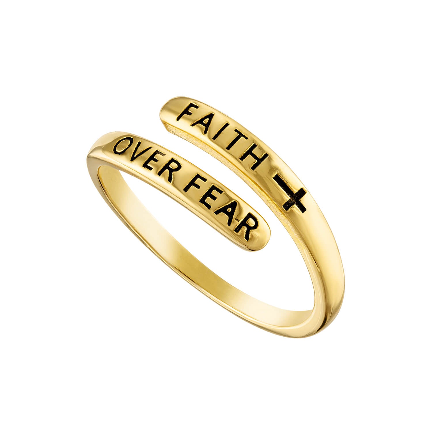 The adjustable Faith Over Fear ring is plated with yellow 18 karat gold