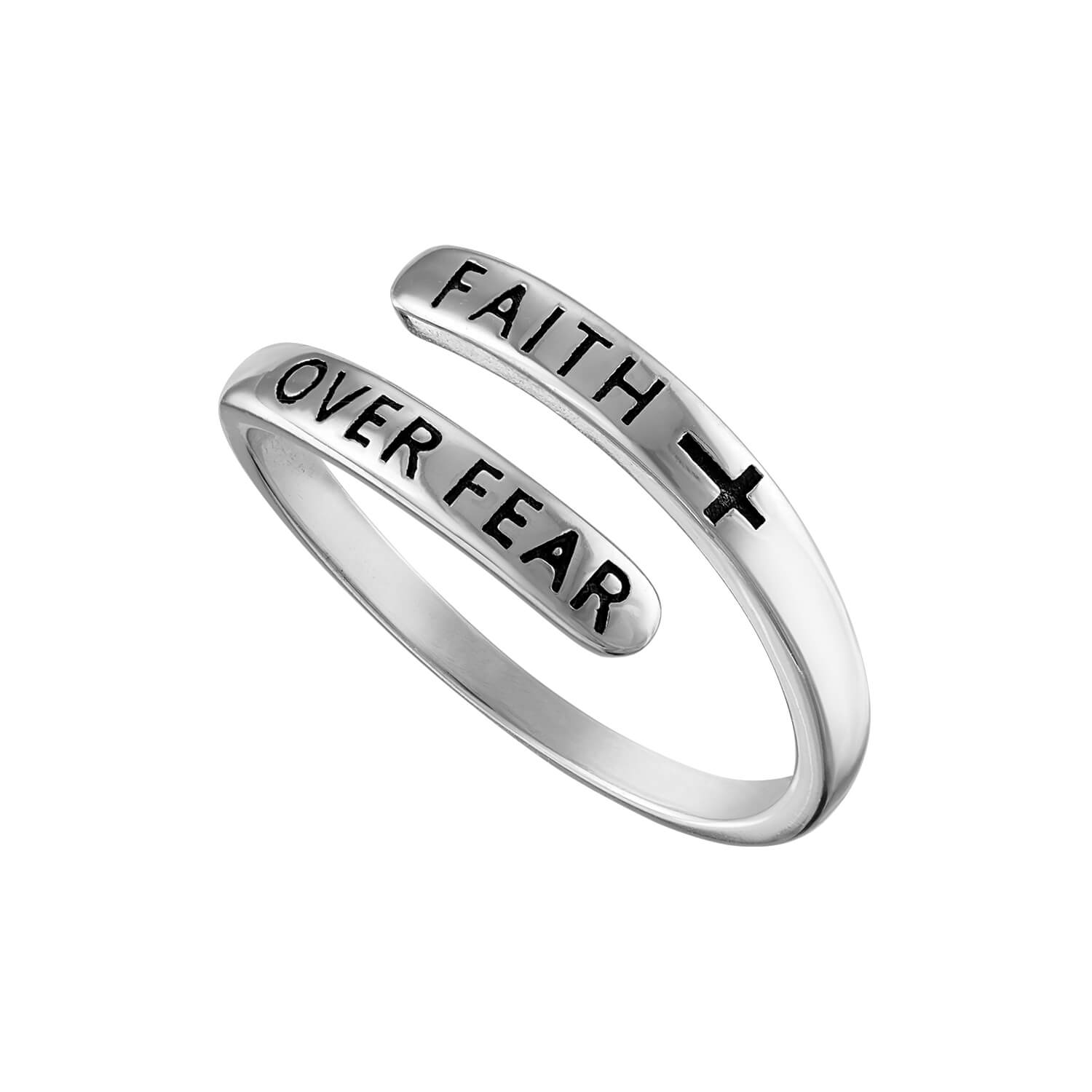 One size fits all Faith Over Fear engraved ring in 925 sterling silver