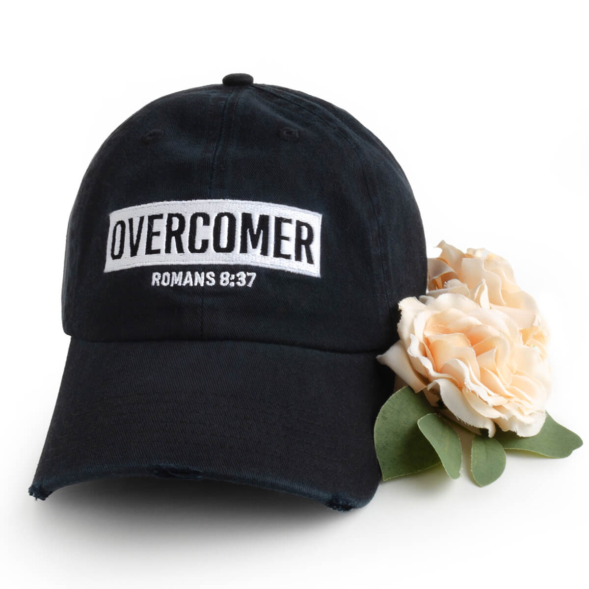 Distressed dad hat in black that reads overcomer inspired by romans 8:37