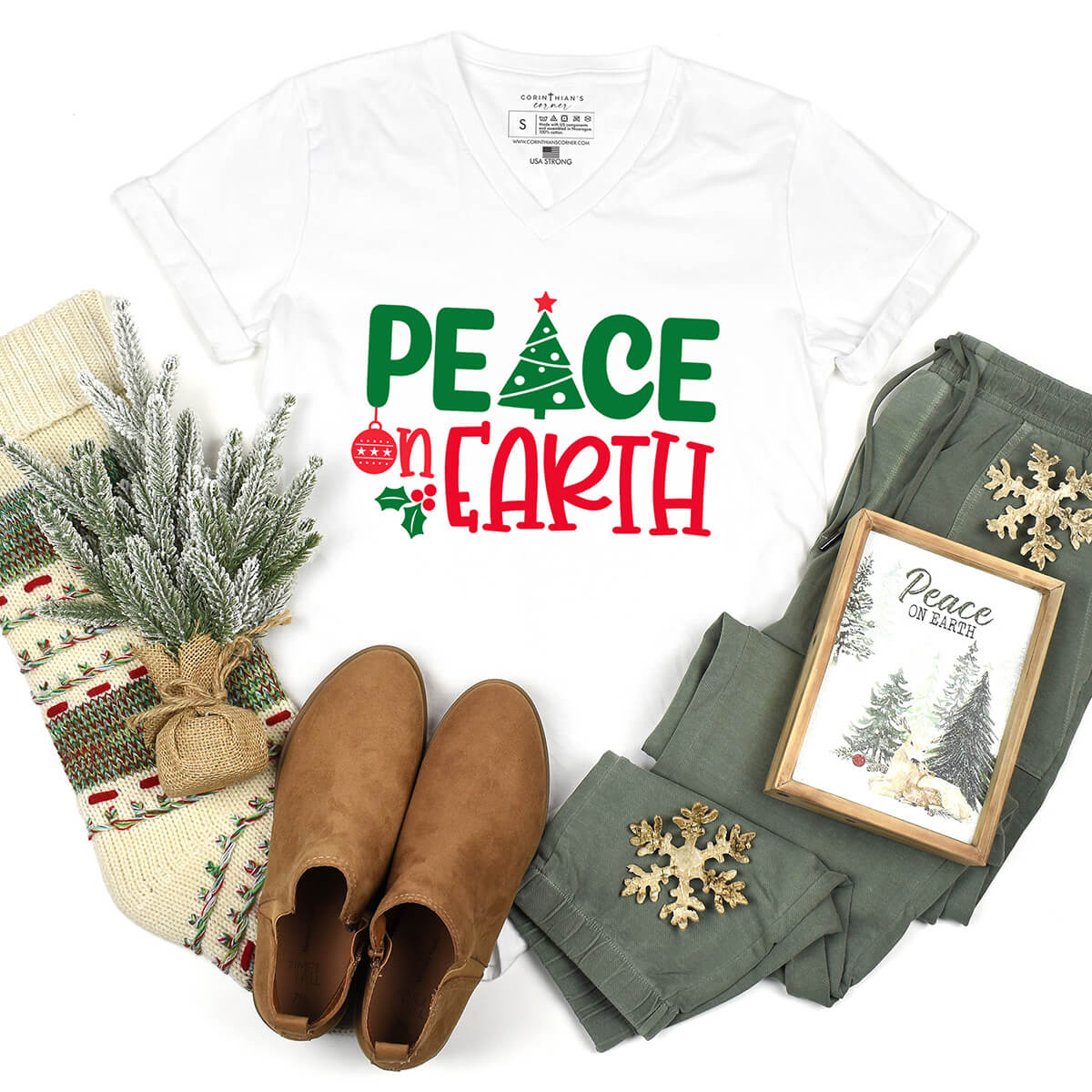Peace on Earth Christmas v-neck in white