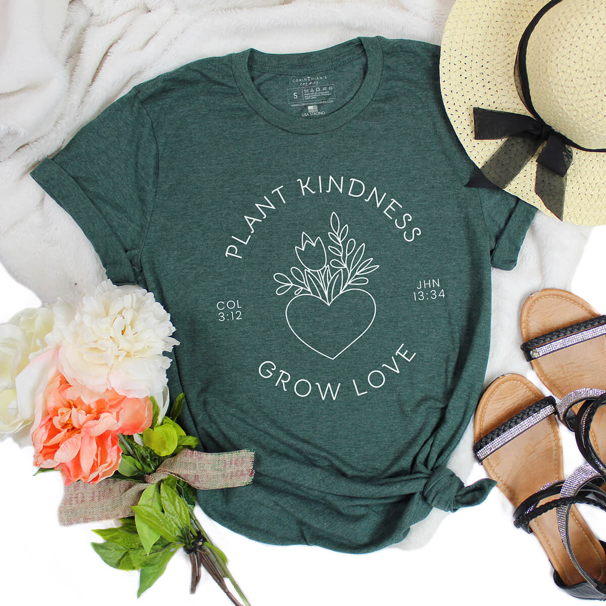 Plant kindness grow love women's Christian crew neck t-shirt in forest green