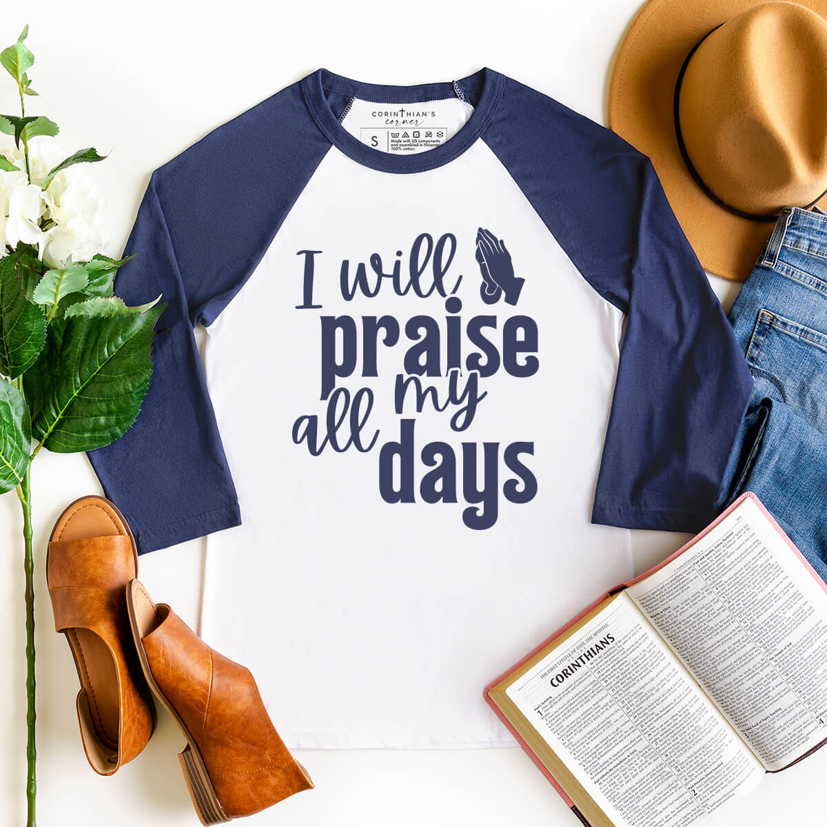 I will praise all my days 3/4 sleeve raglan shirt in navy blue