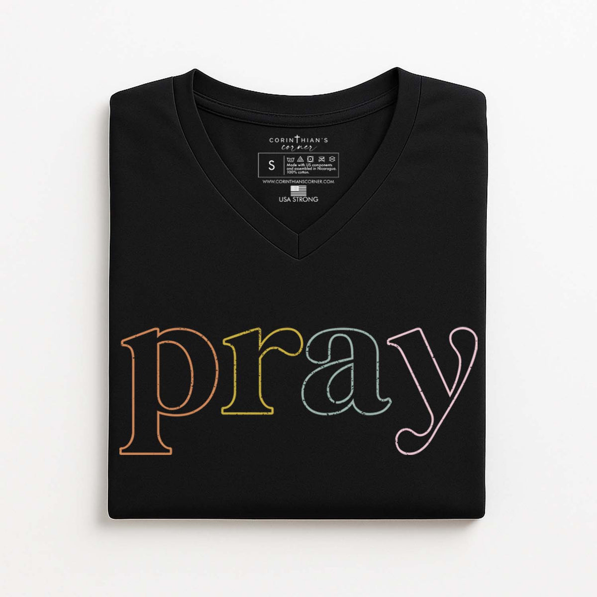 Black V-neck t-shirt with 'pray' text in colorful letters on a white background