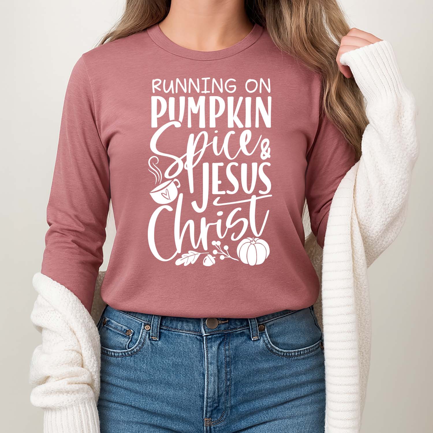 Running on pumpkin spice and Jesus Christ long sleeve shirt