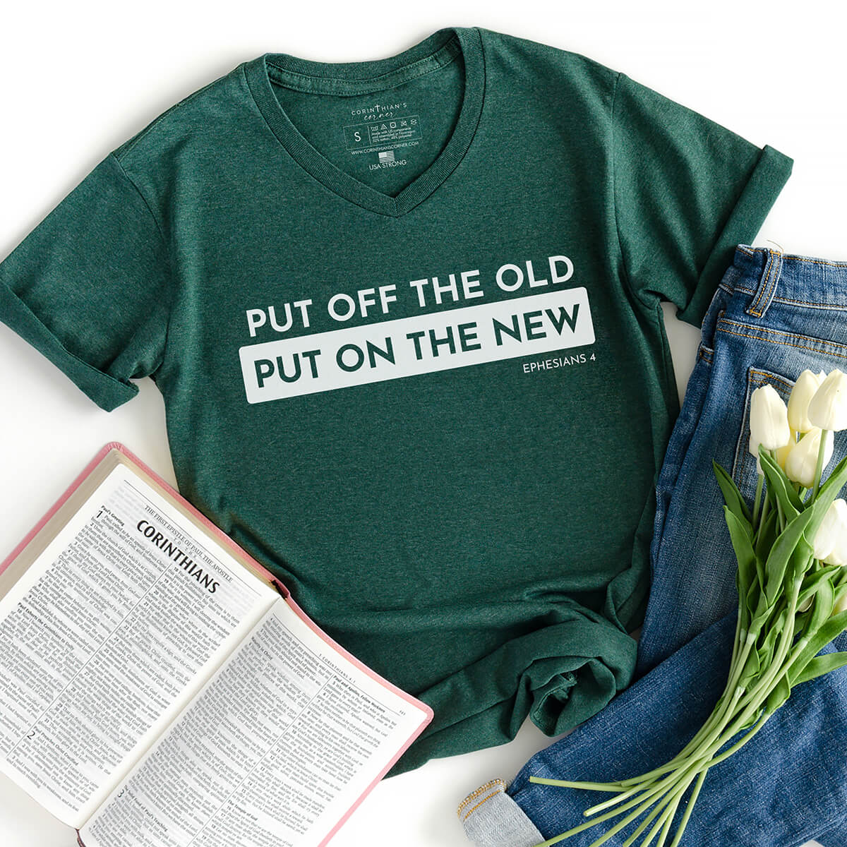 Graphic Christian t-shirt in forest green inspired by Ephesians 4