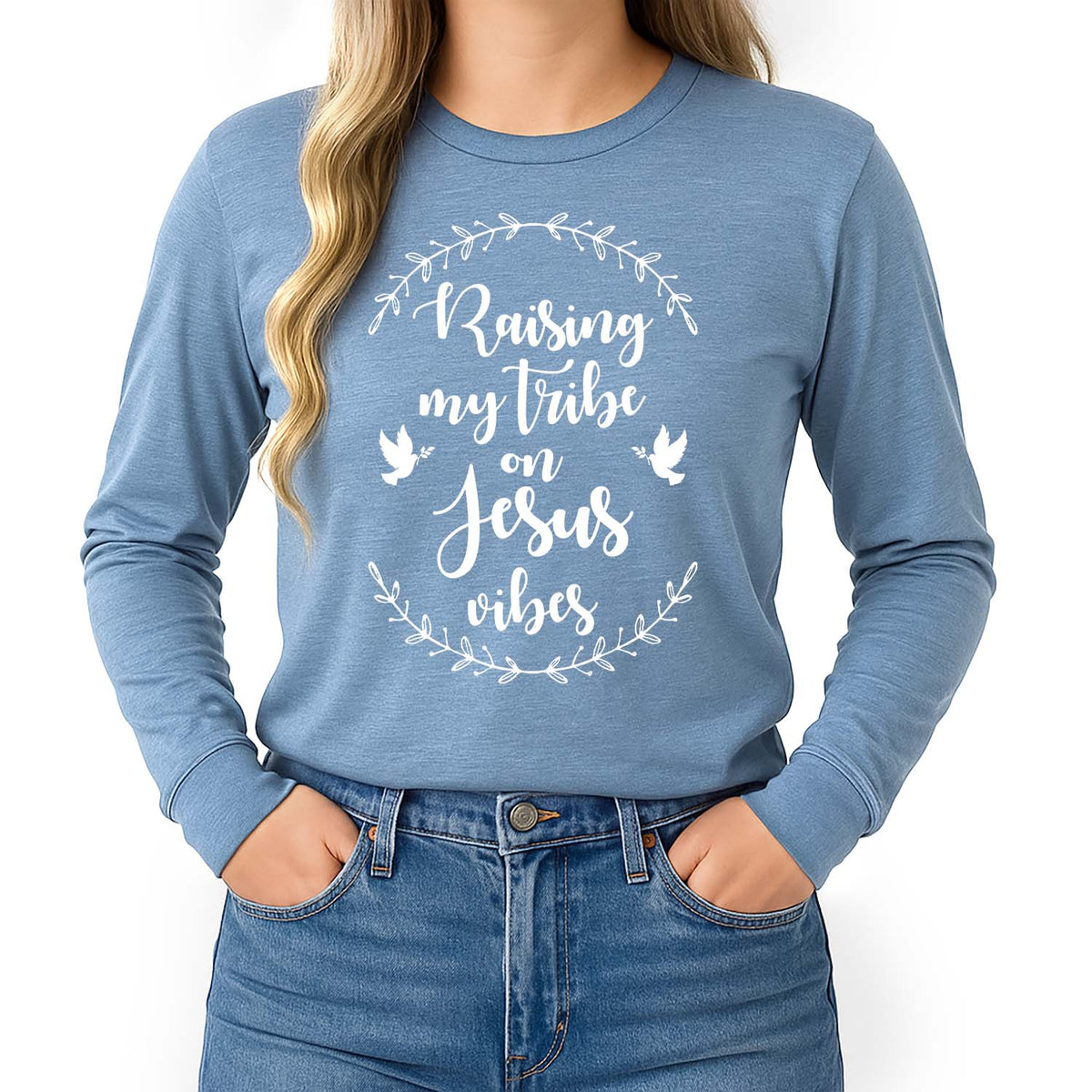 Blue long sleeve with white text and design on a white background