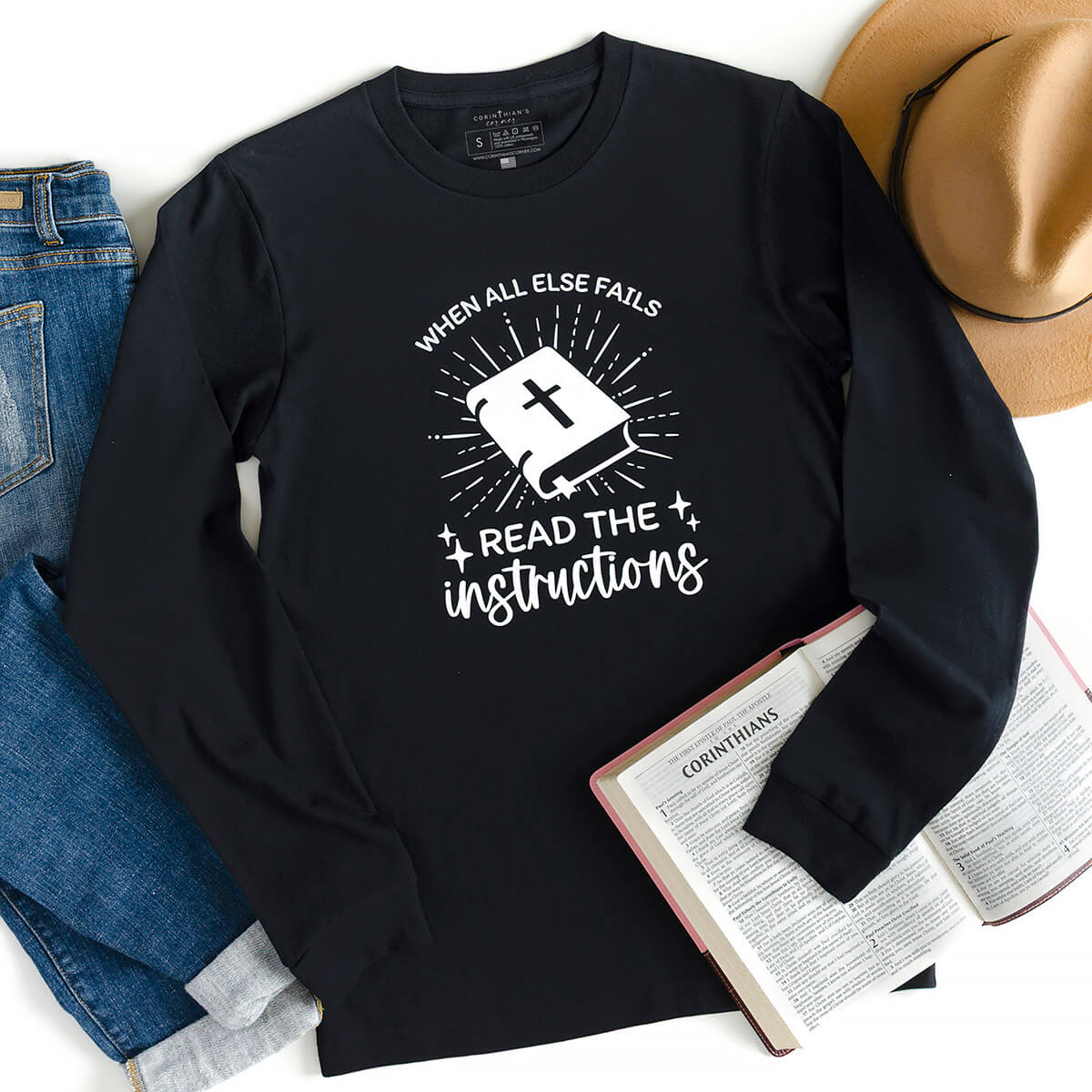 When all else fails read the instructions playful Christian long sleeve shirt in black