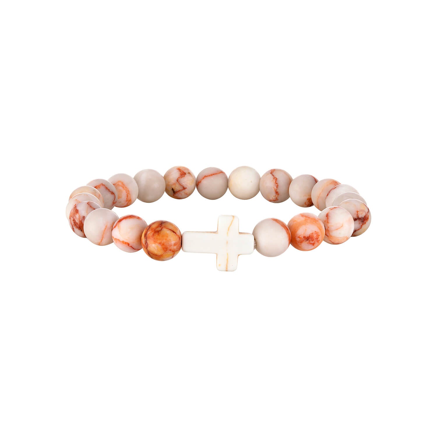 Bracelet with marbled beads and a cross charm on a white background
