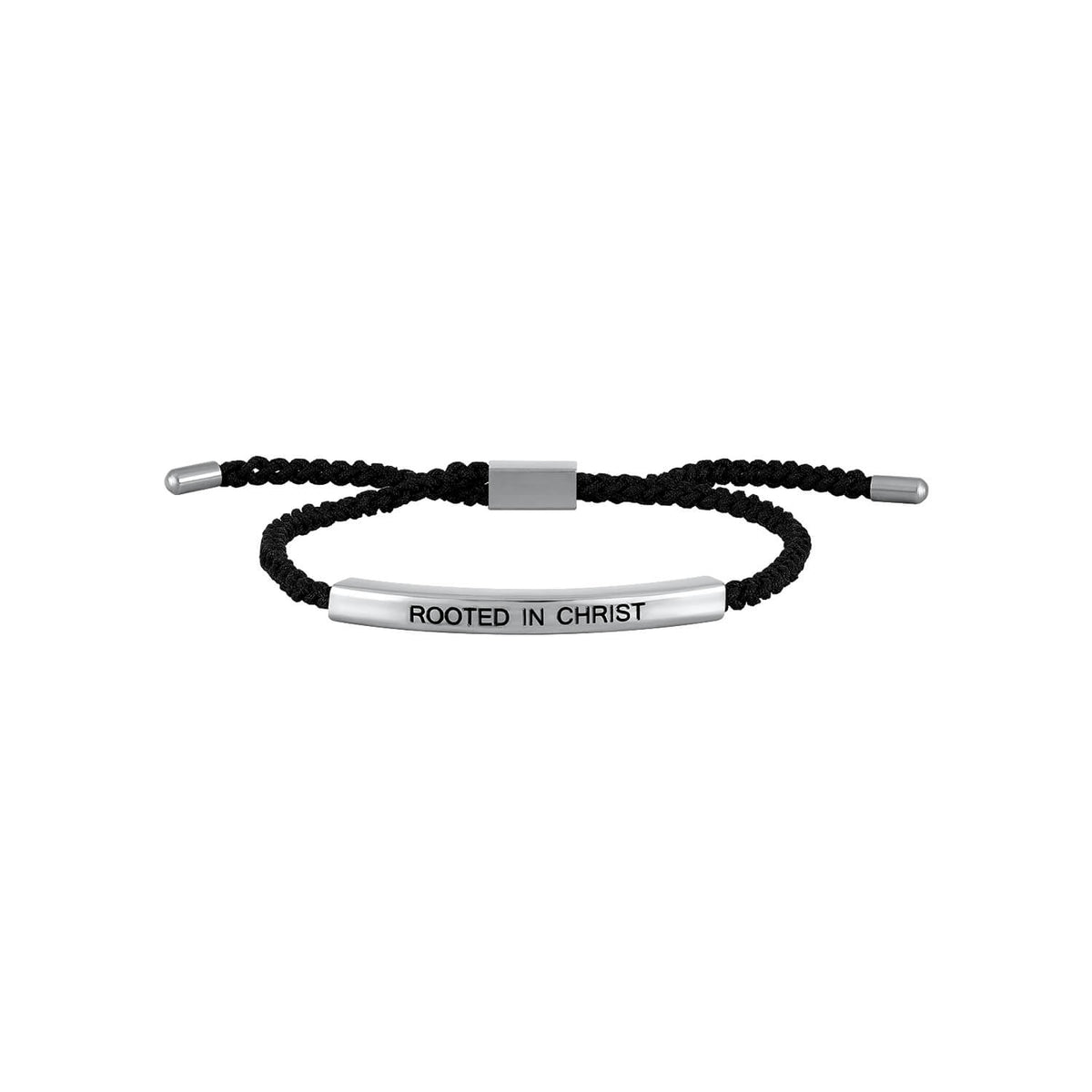 Black beaded bracelet with silver bar and 'Rooted In Christ' engraving on a white background
