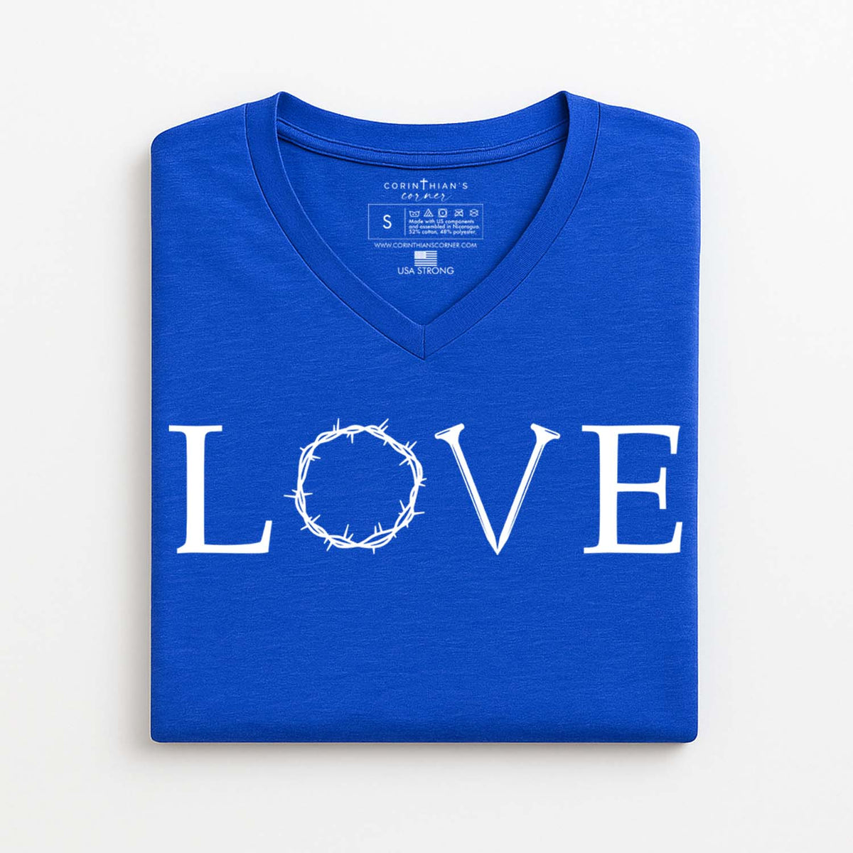 Blue V-neck t-shirt with 'LOVE' printed on it featuring a crown of thorns design