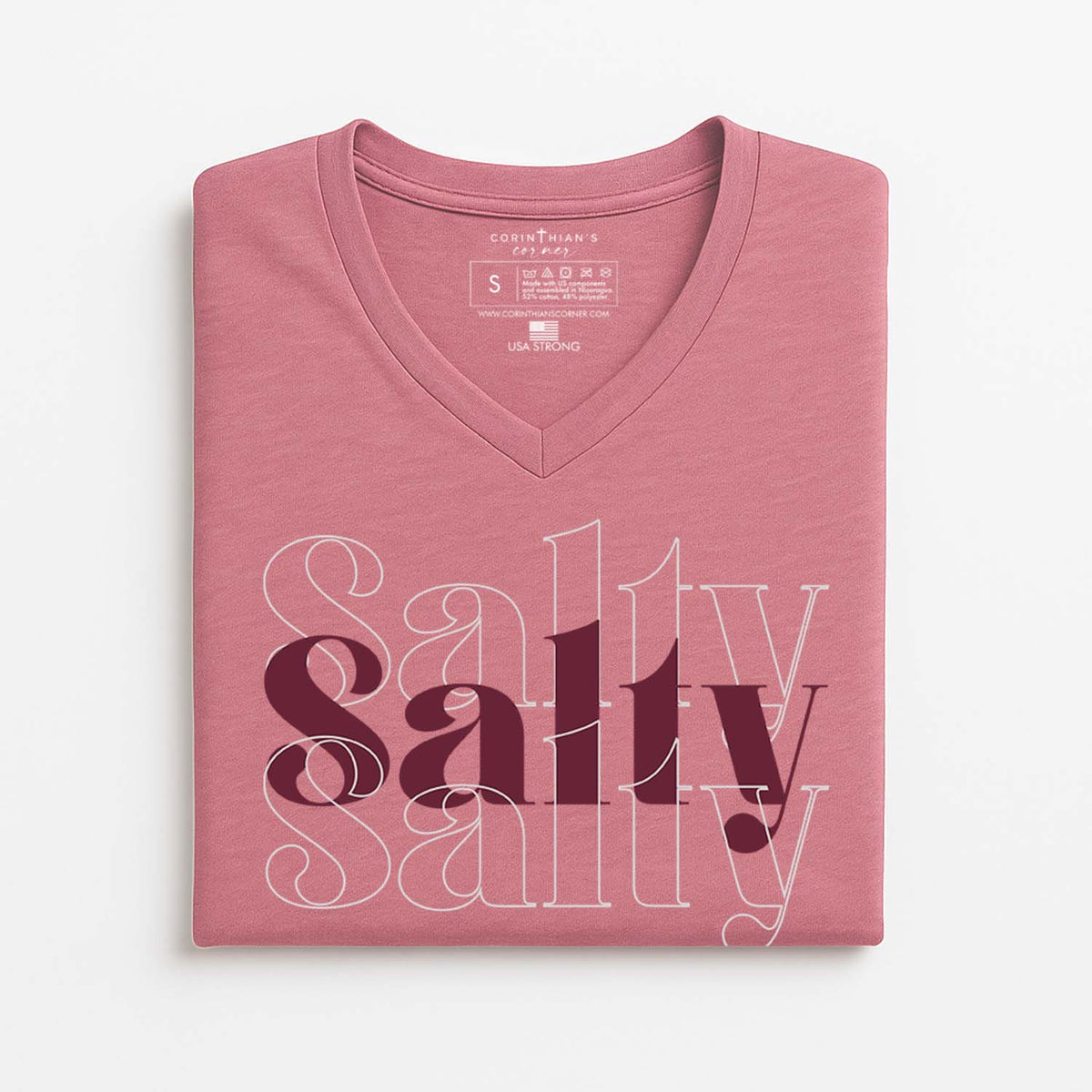 Pink t-shirt with 'Salty' text on a white background