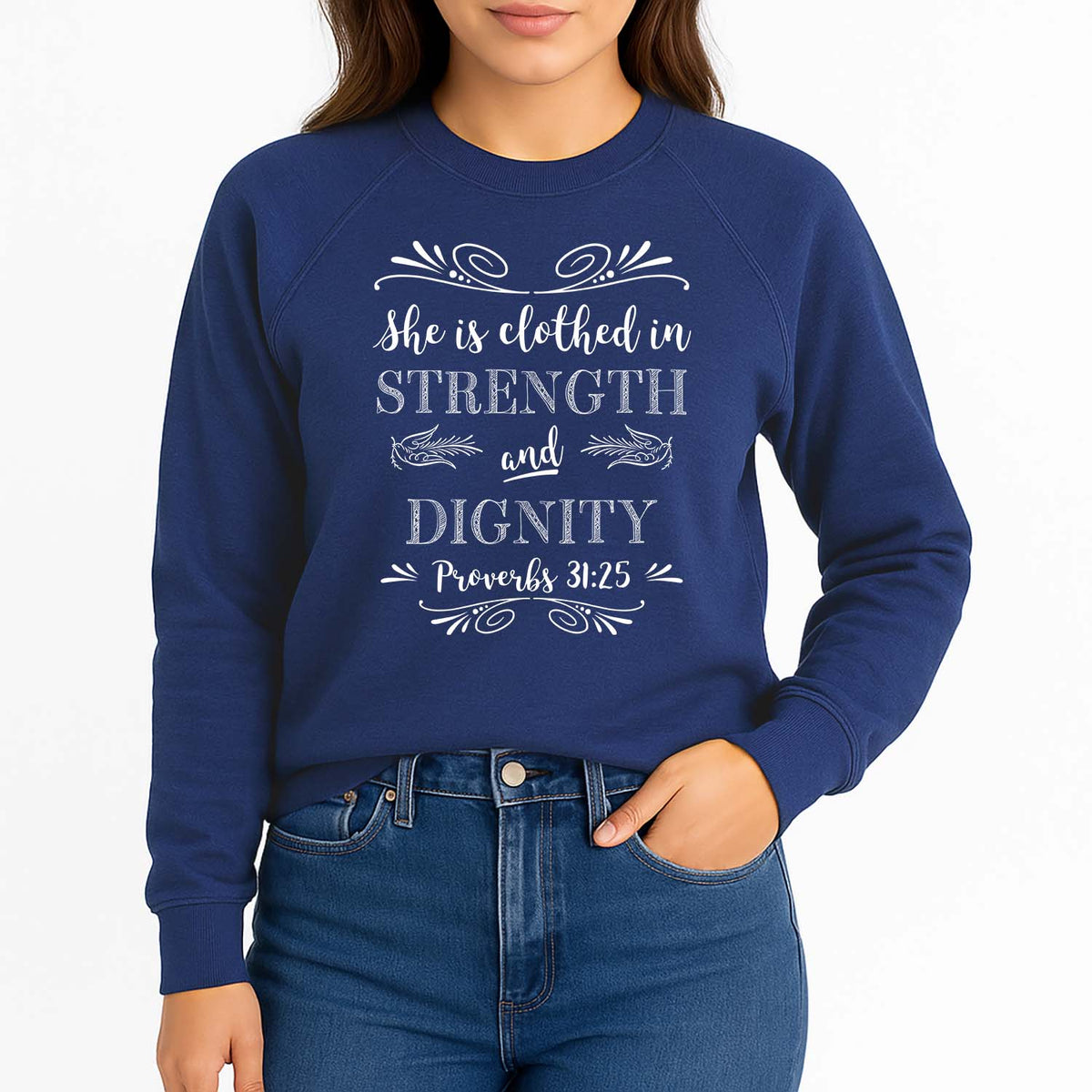Navy blue fleece sweatshirt with "she is clothed in strength and dignity" text