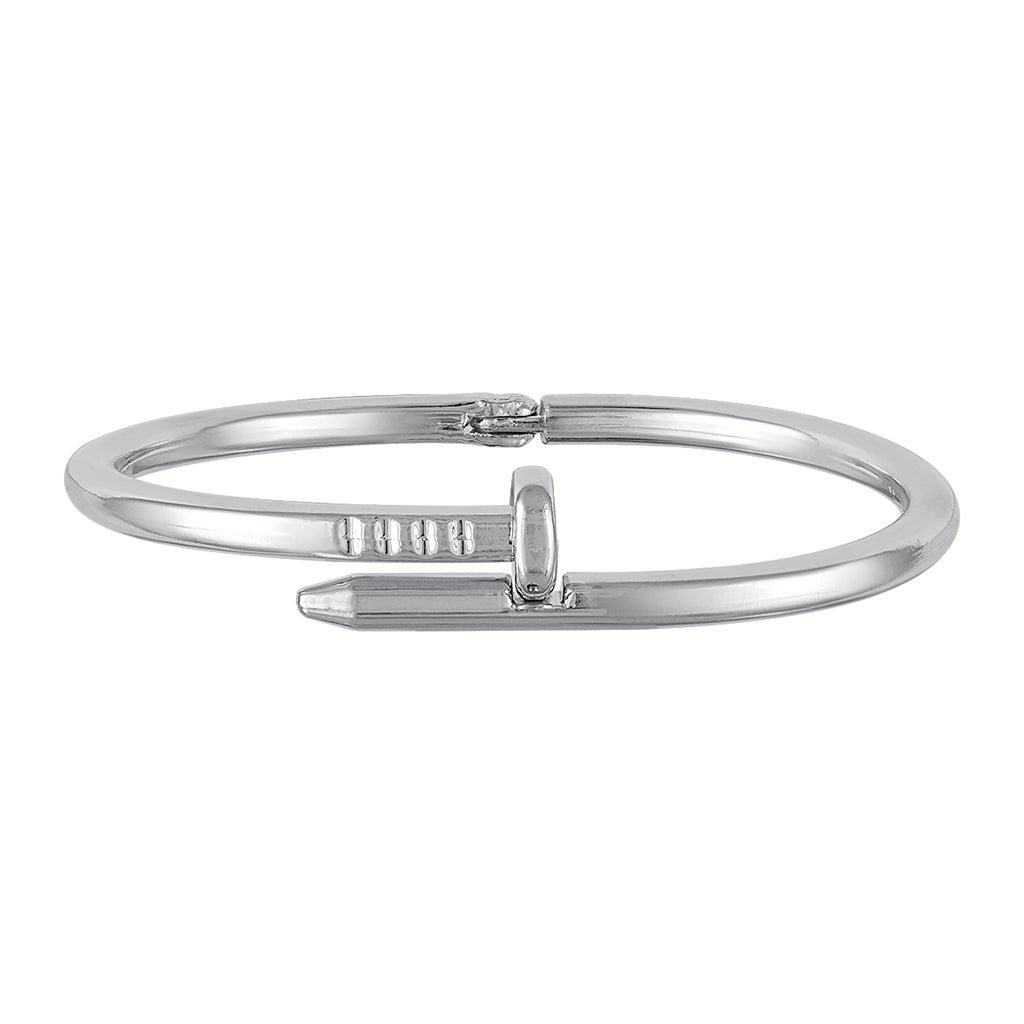 Silver bracelet in the shape of a nail, representing Jesus's sacrifice, gracefully encircling a wrist