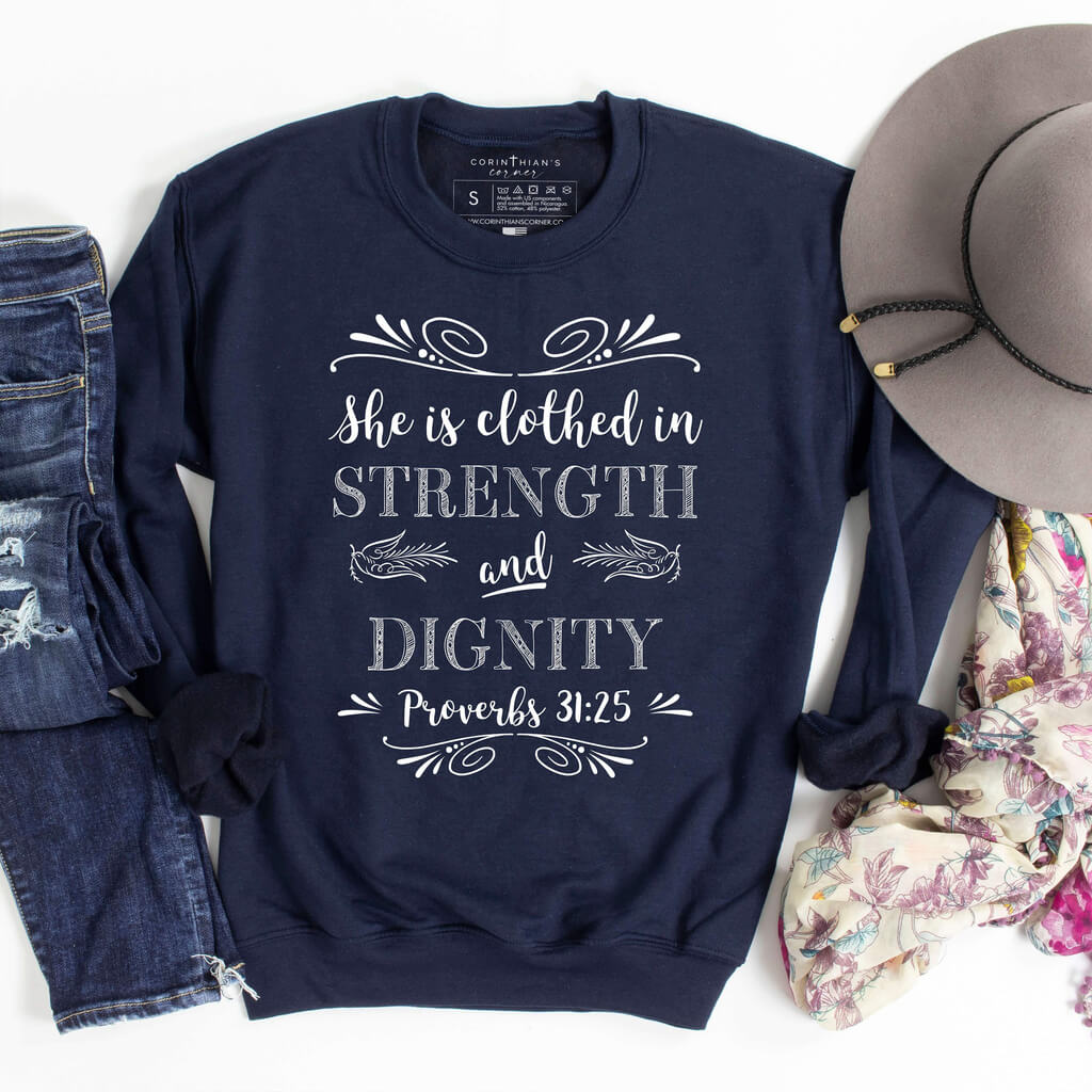 Strength and dignity shirt in navy blue with fleece interior