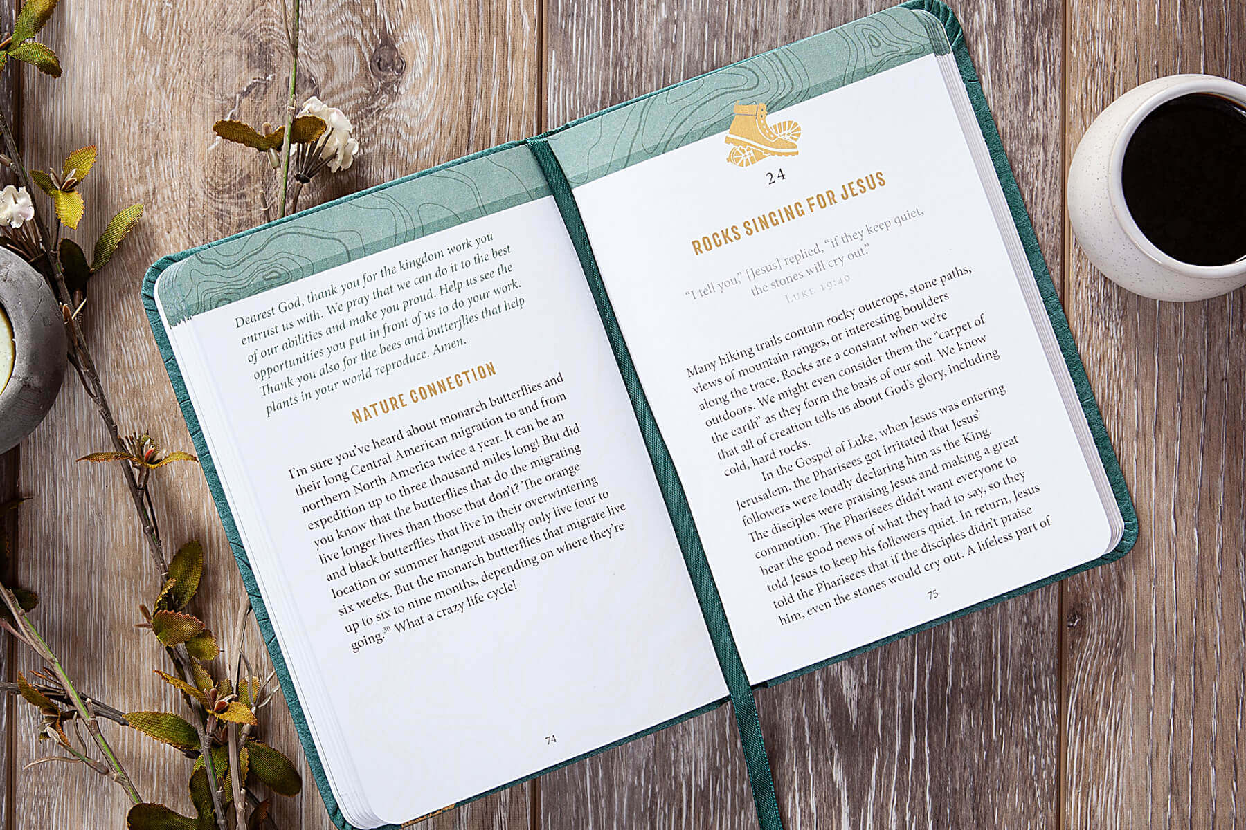 Book titled 'Strength for My Path' on a wooden surface with a cup of coffee and candle.