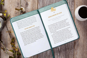 Open book on a wooden surface with a cup of coffee and decorative elements.