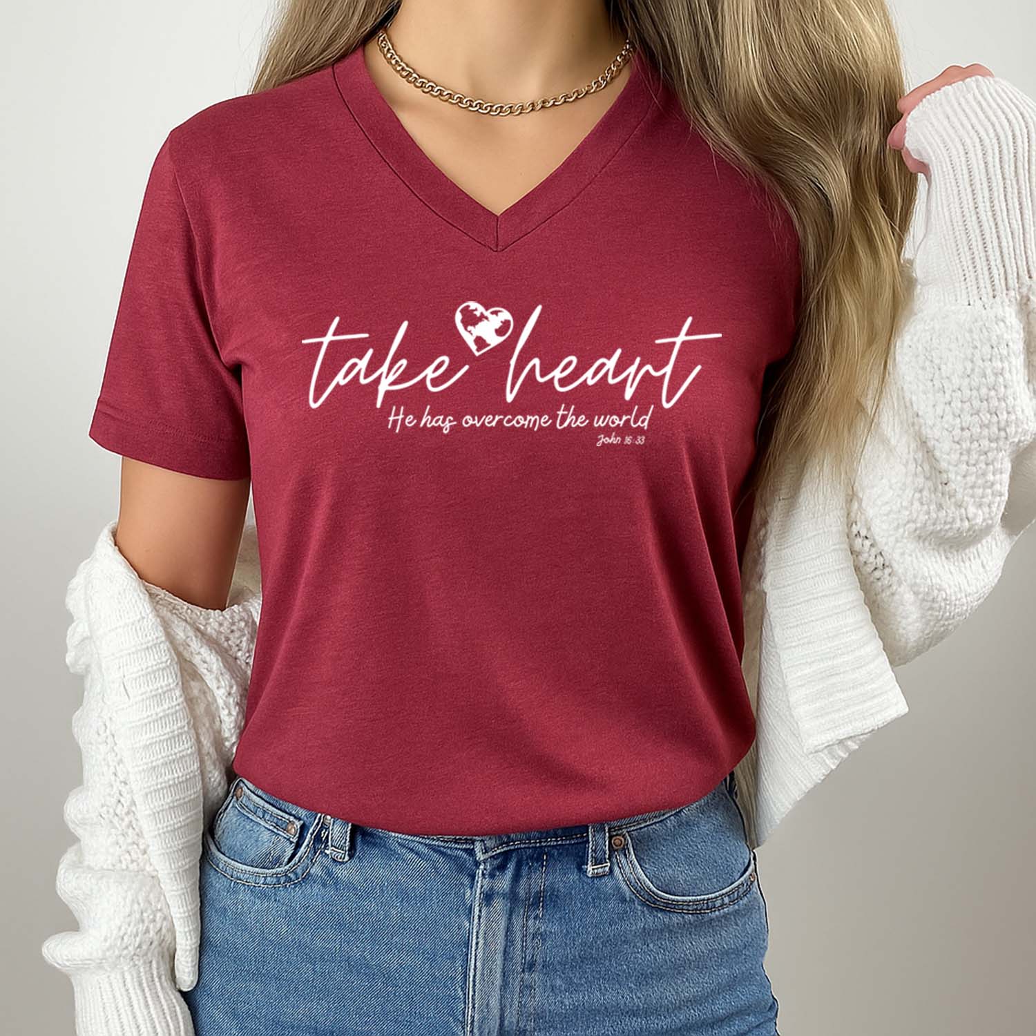 Take heart He has overcome the world Biblical v-neck for women