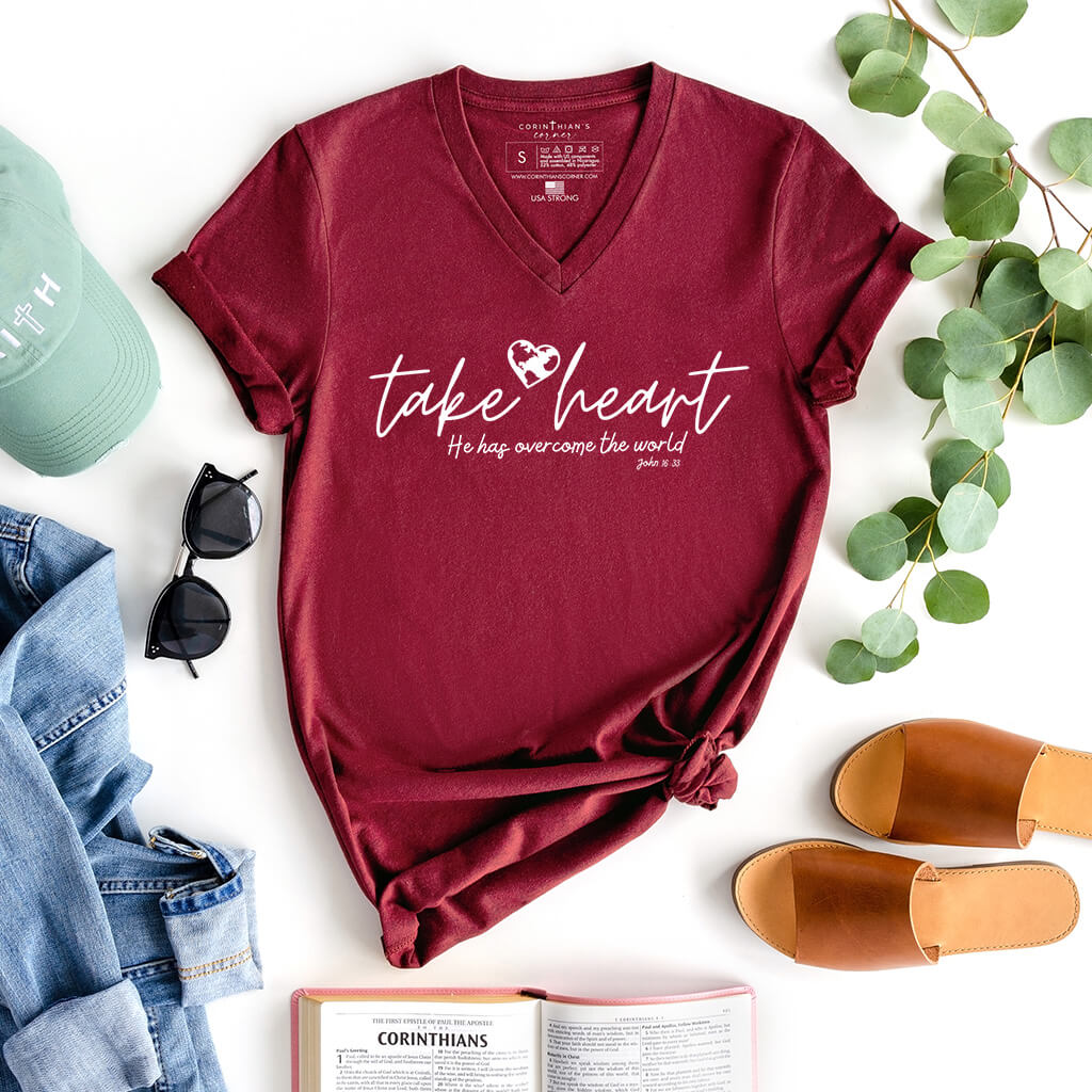 Take heart He has overcome the world Biblical v-neck for women