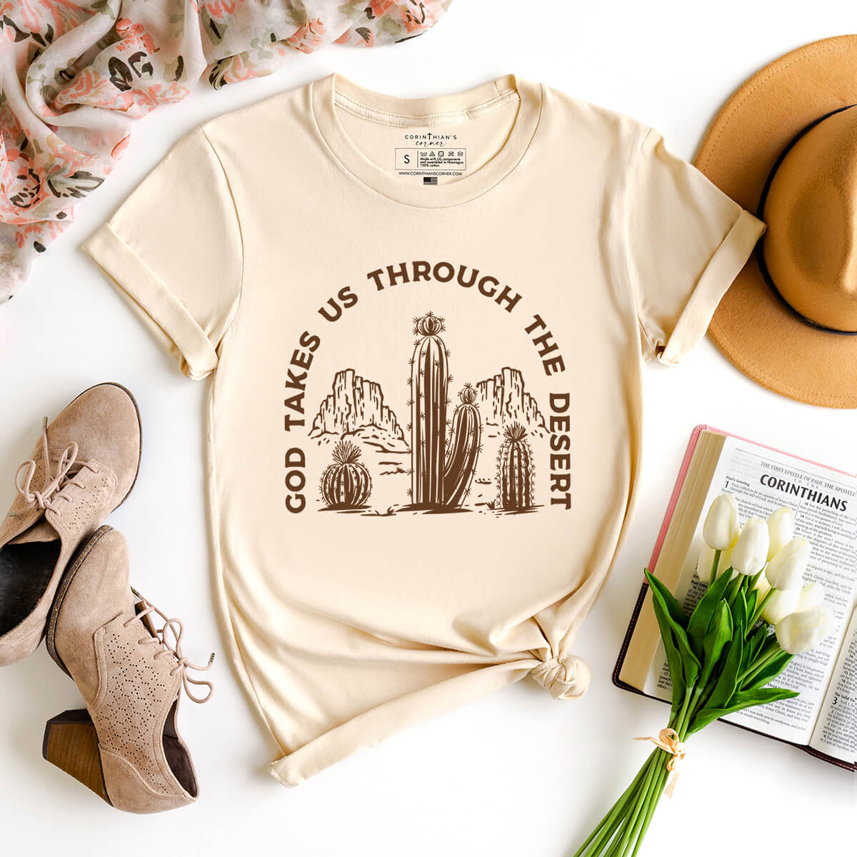 God takes us through the desert graphic Christian t-shirt for women in tan