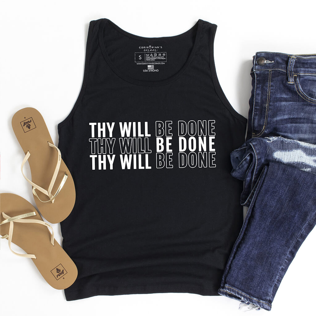 Thy will be done alternating design on a black premium cotton tank top