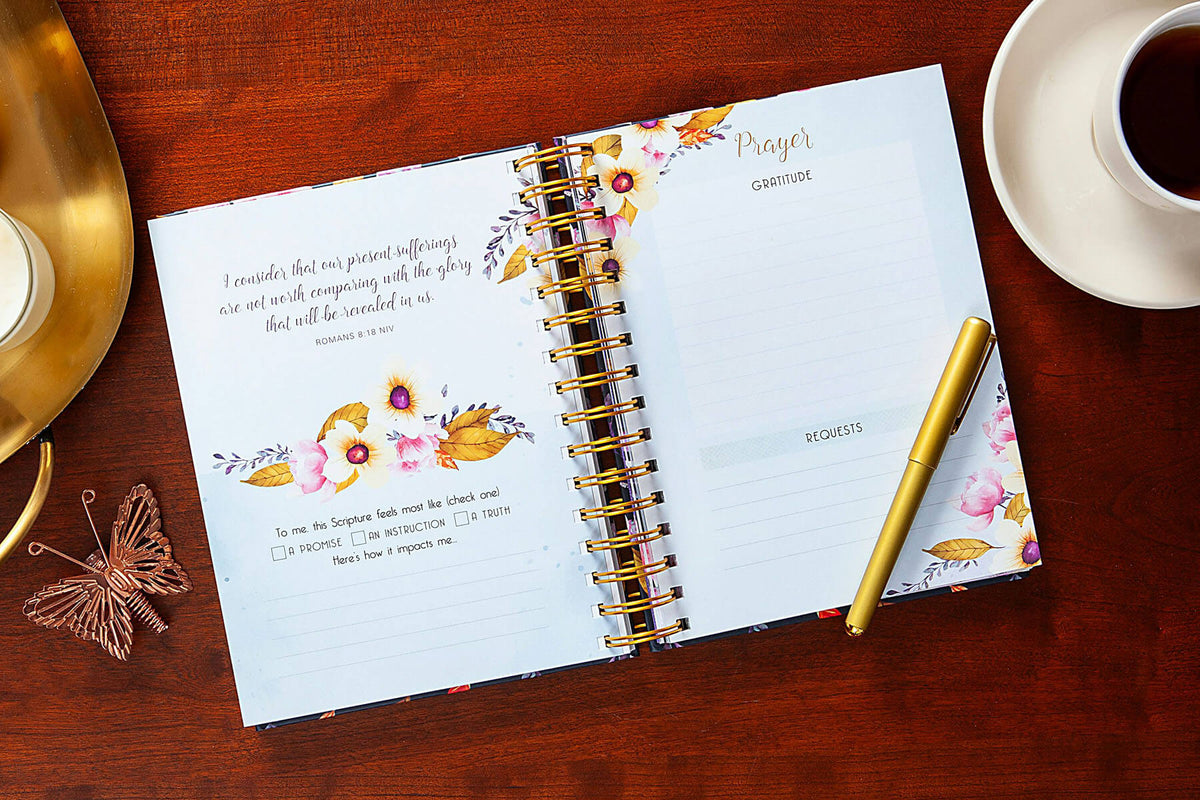 Planner with floral design on a wooden desk with a cup of coffee and decorative items.