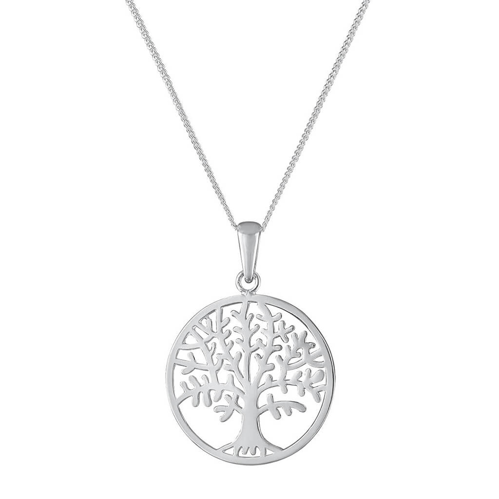 Tree of life silver pendant necklace on a white background