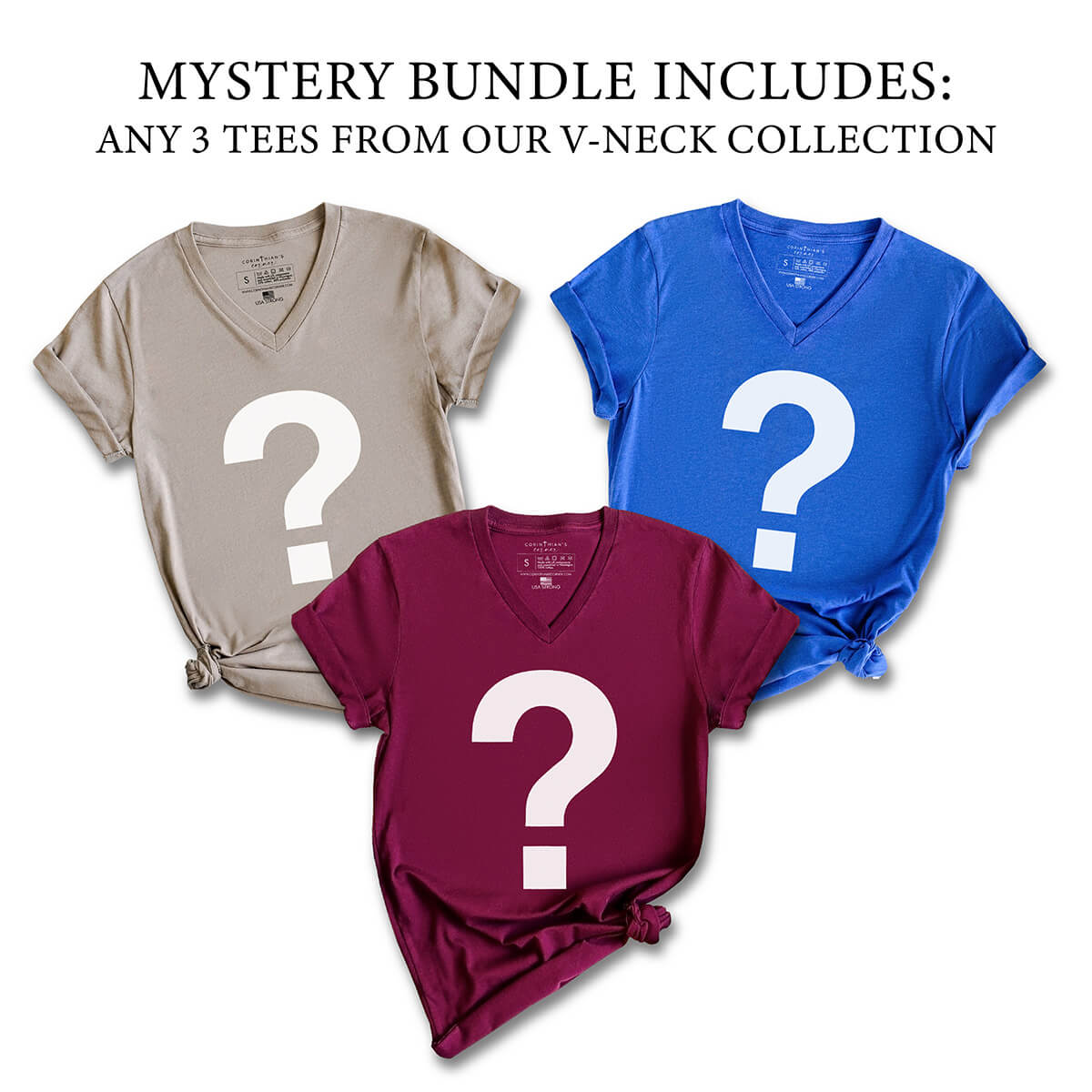 The mystery bundle 3-pack includes 3 short sleeve v-neck shirts from our collection