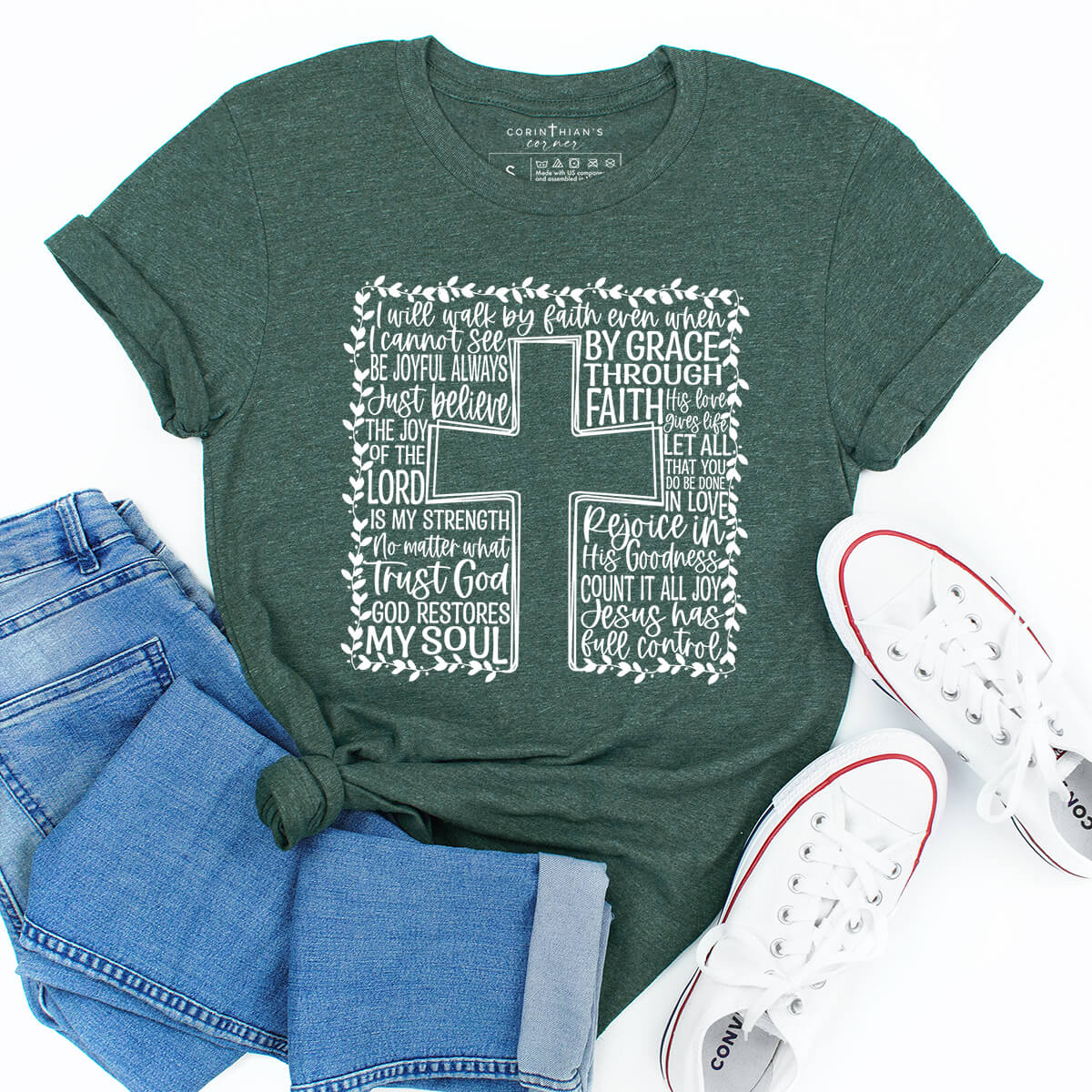 God restores my soul women's Christian crew neck t-shirt in forest green