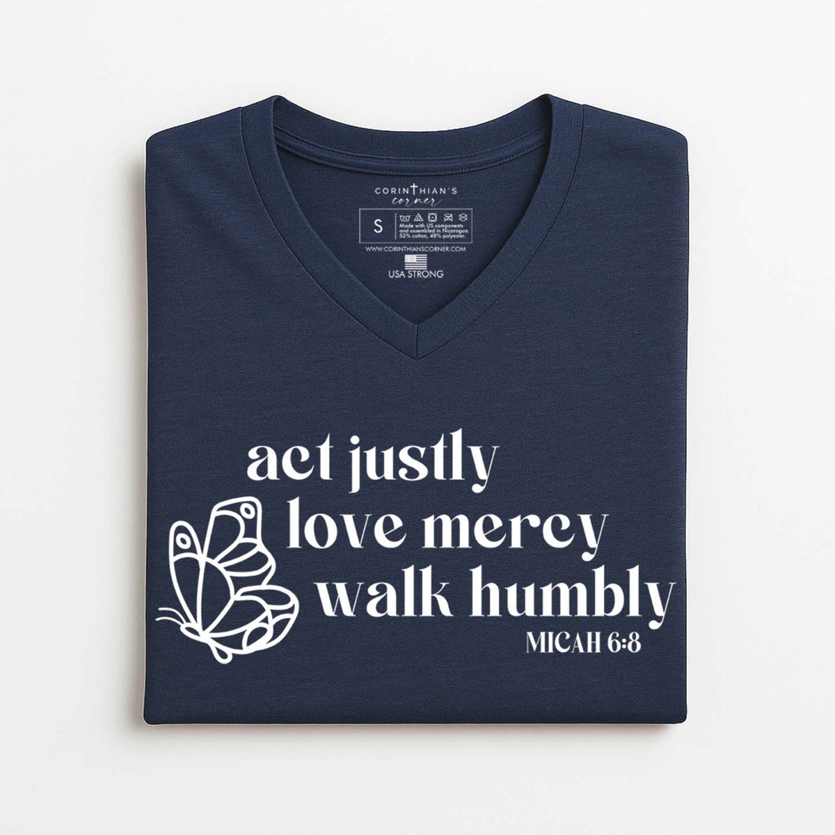Navy blue Christian t-shirt with Micah 6:8 and butterfly design on a white background