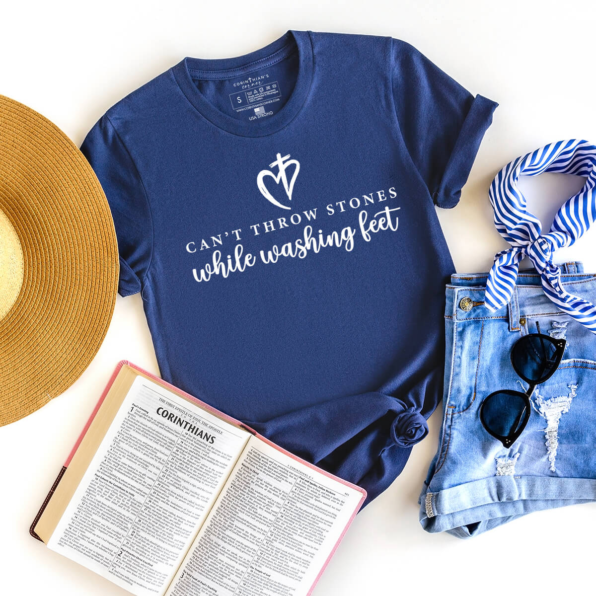 Can't throw stones while washing feet Christian t-shirt in navy