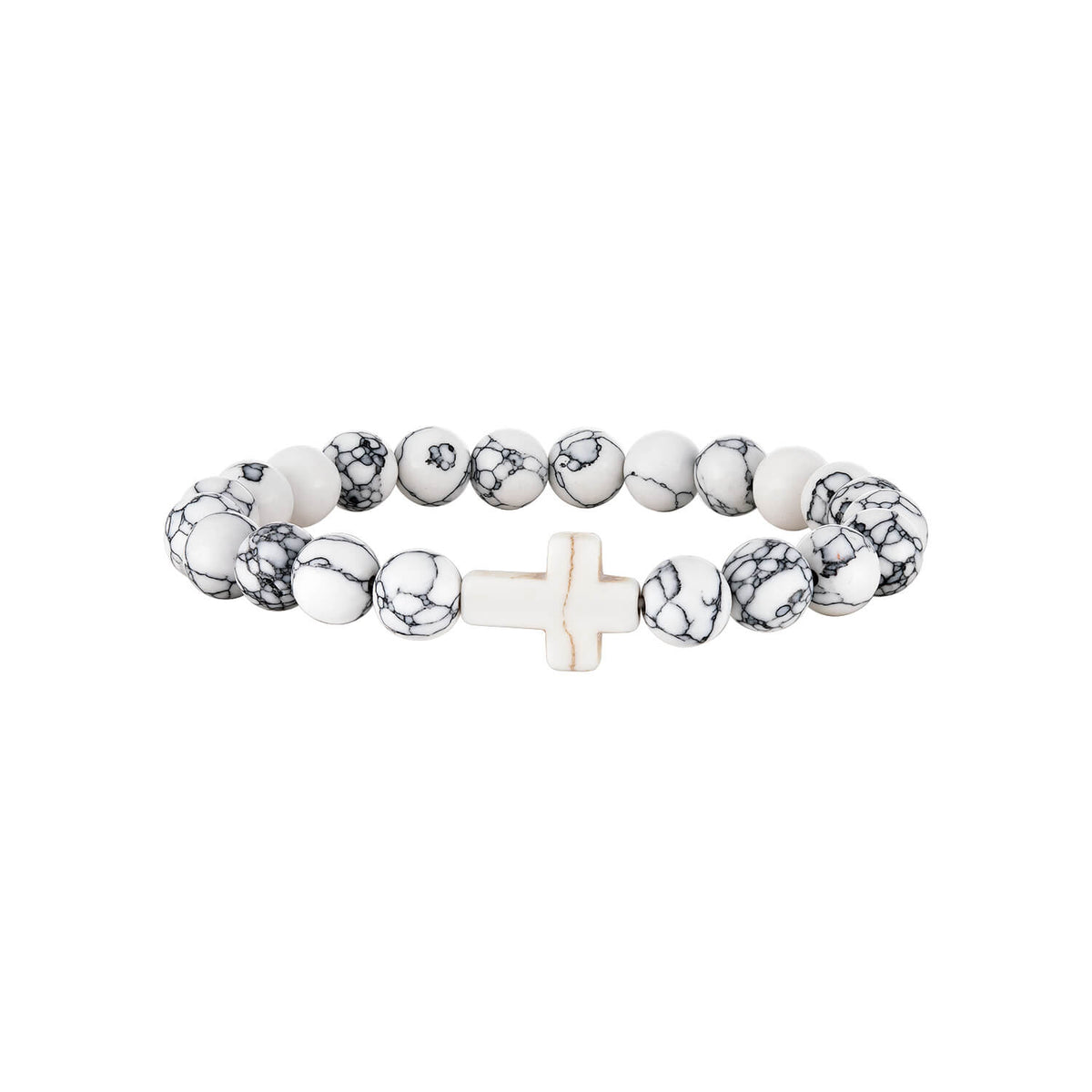 Bracelet with white beads and a cross charm on a white background