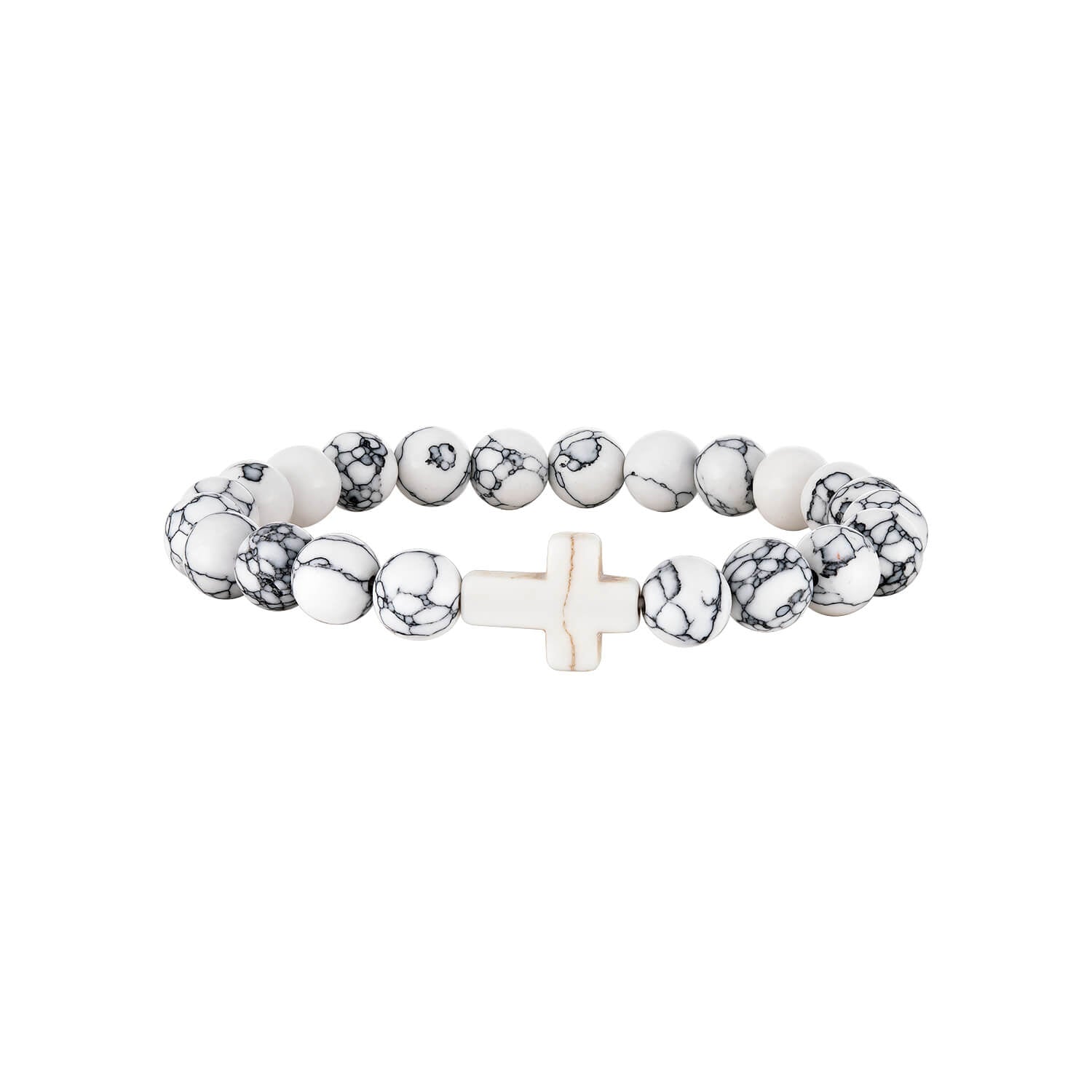 Bracelet with white beads and a cross charm on a white background