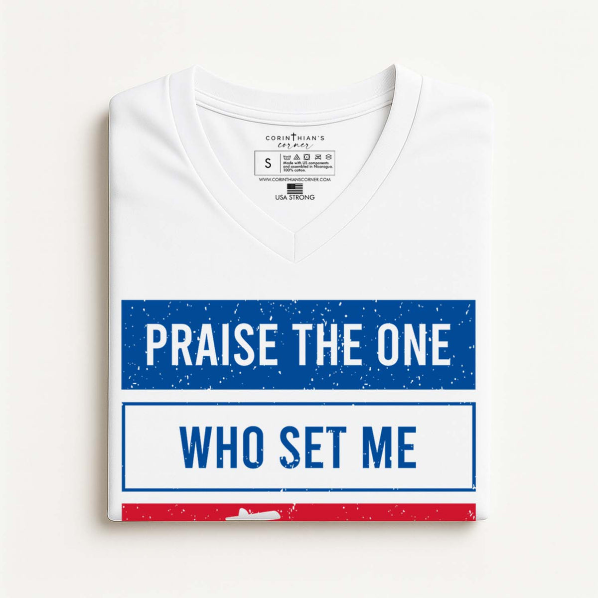 White t-shirt with uplifting Christian text on a white background