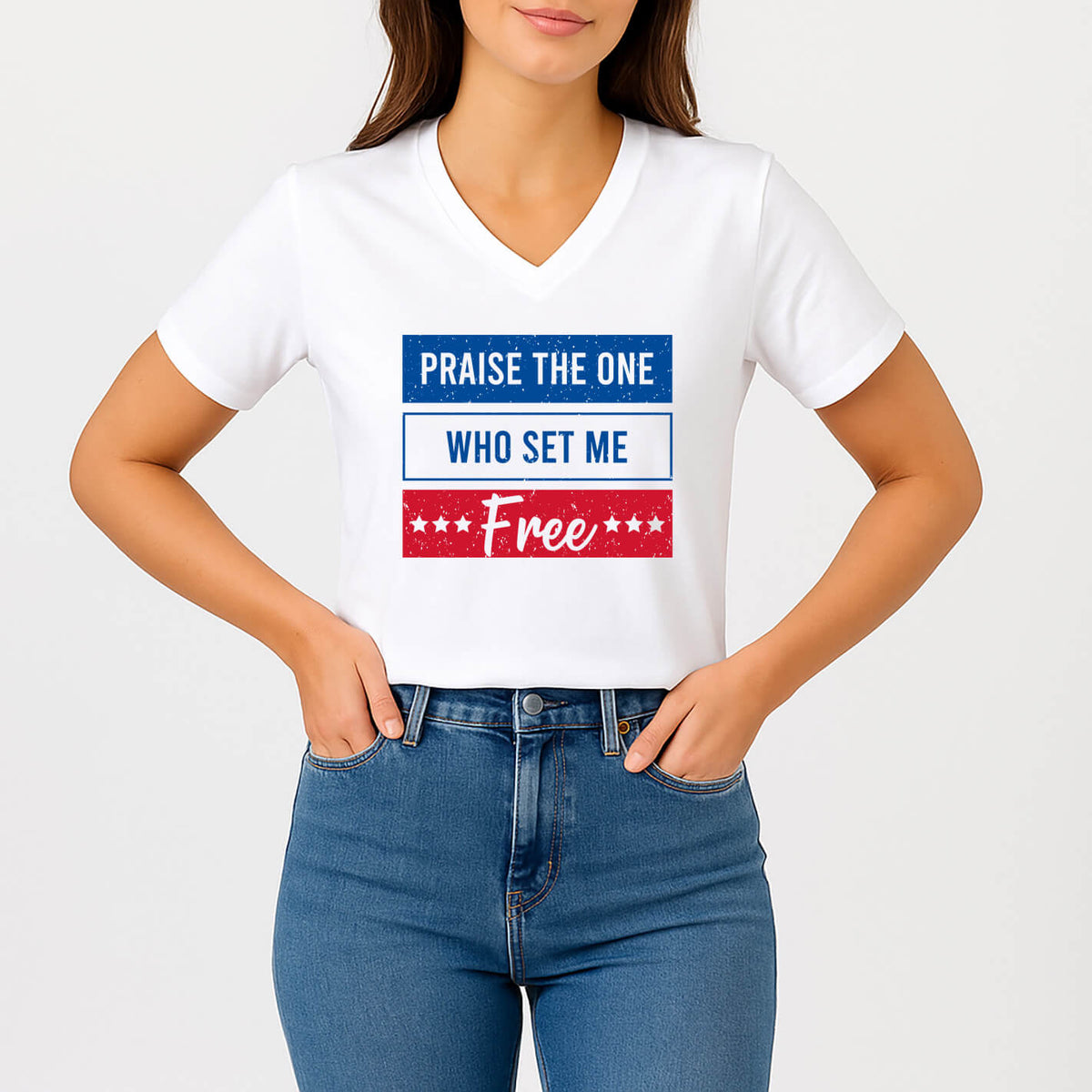 Woman wearing a t-shirt that reads Praise the one who set me free
