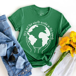 He's got the whole world in His hands graphic t-shirt design in green