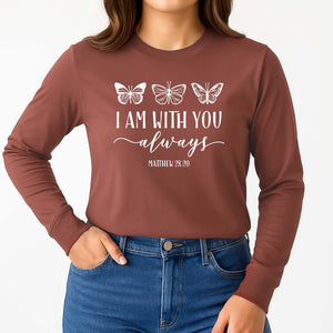 Brown long-sleeve shirt with butterfly design and "I am always with you" Biblical text
