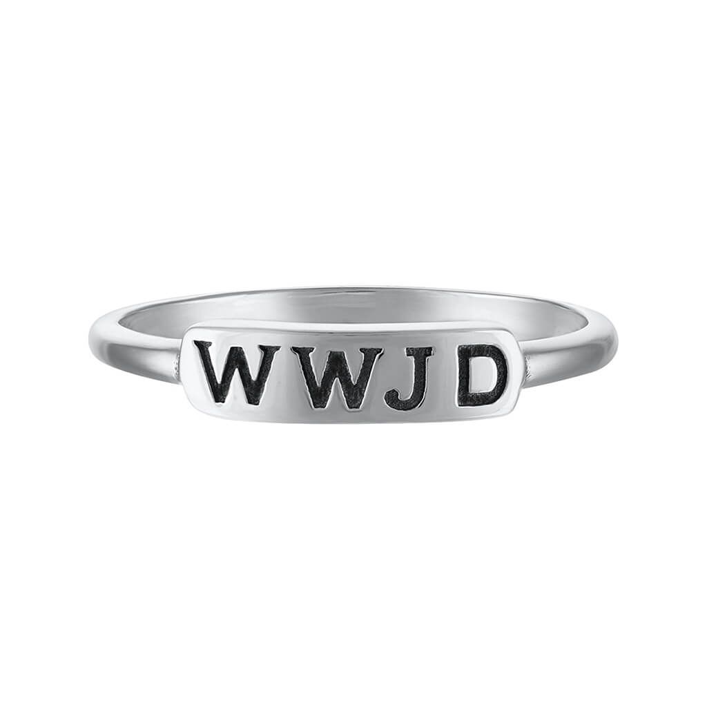 Sterling silver ring with engraved WWJD symbolizing Jesus' teachings
