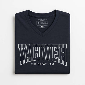 Folded black t-shirt with 'YAHWEH THE GREAT I AM' text on a white background