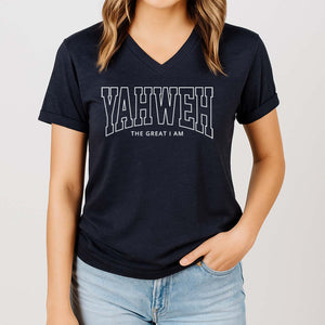 Person wearing a black t-shirt with 'YAHWEH THE GREAT I AM' text on a plain background