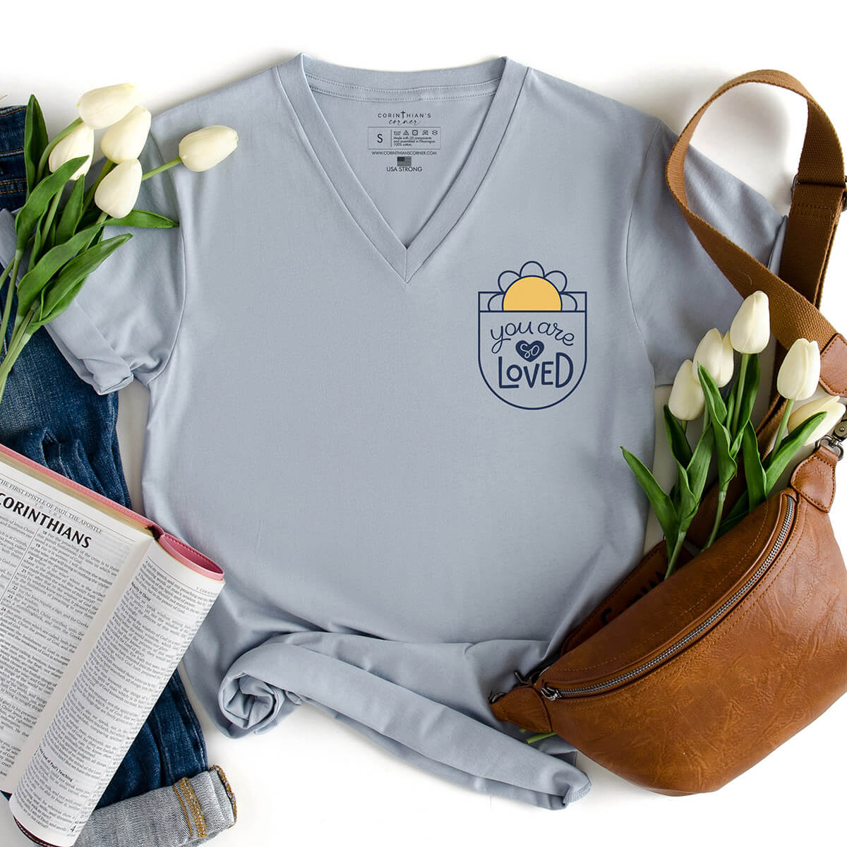 You are so loved light blue v-neck shirt for Christian ladies