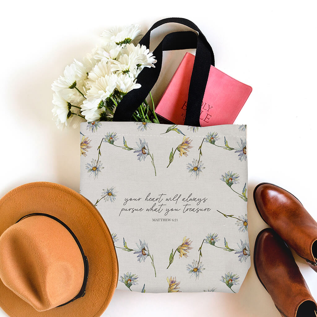 Your heart will always pursue what you treasure premium Christian tote bag for Bible study