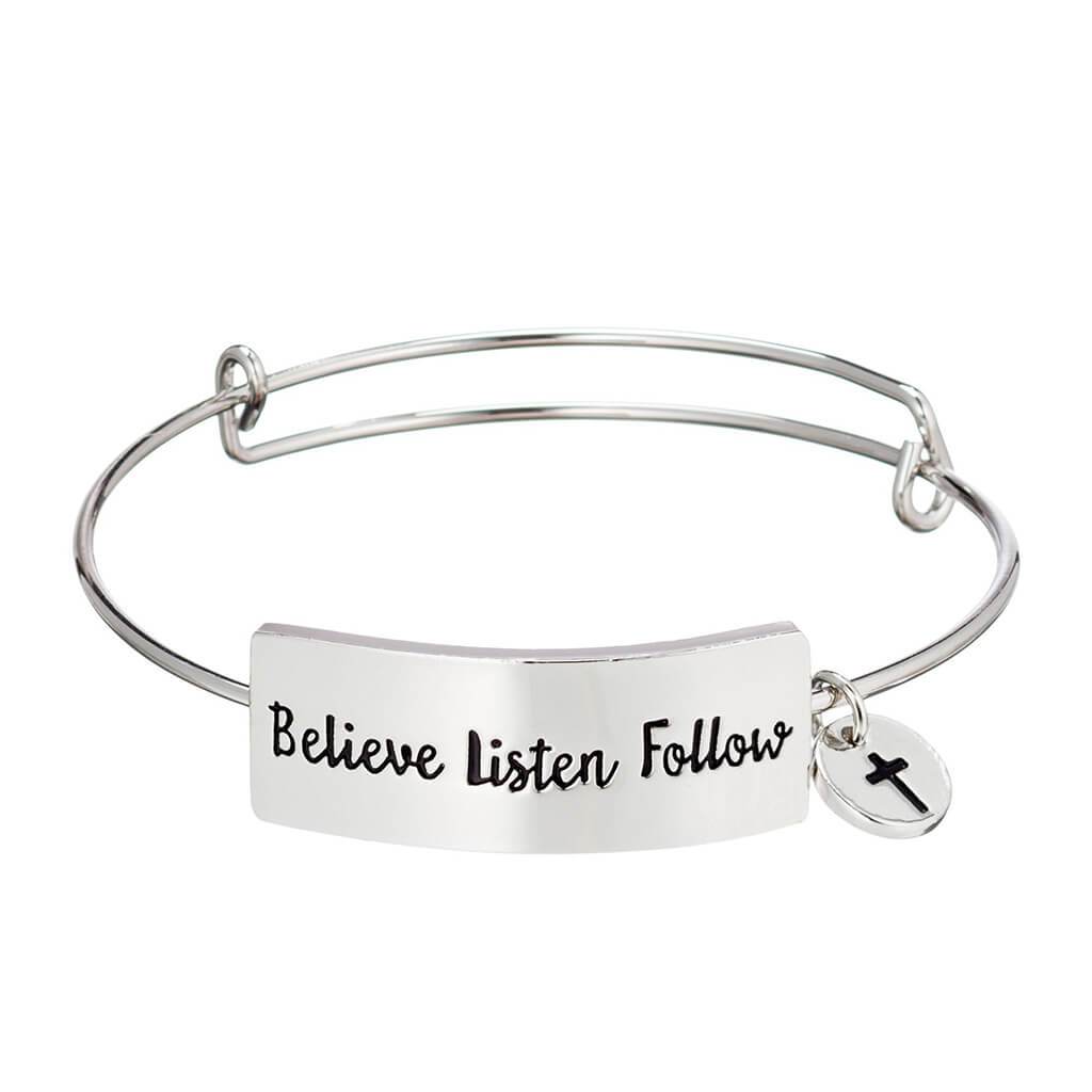 Believe listen follow engraved on stainless steel Christian bangle bracelet