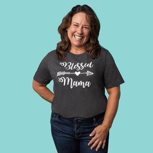 Smiling Christian mom wearing gray blessed mama t-shirt