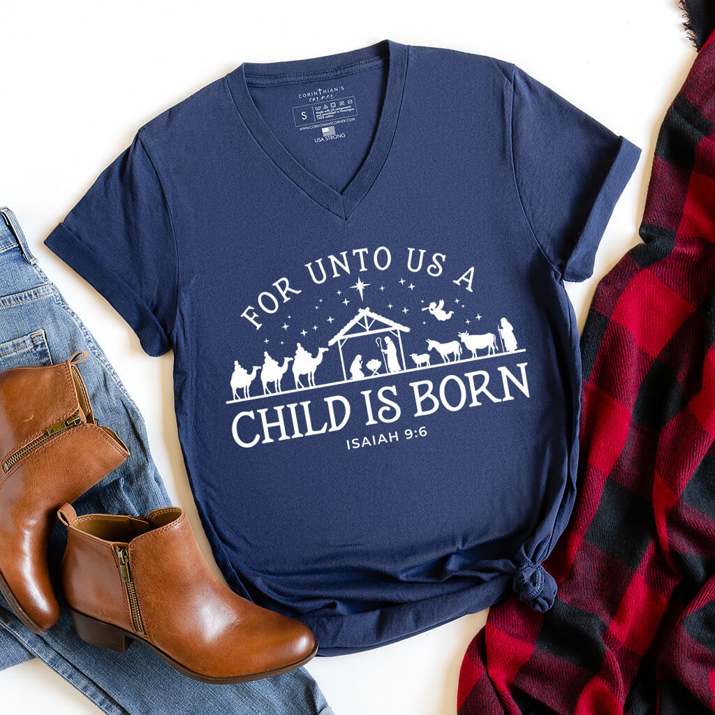 For unto us a child is born nativity scene shirt in navy blue