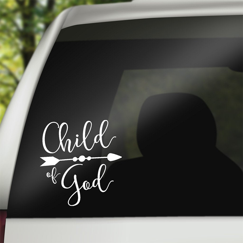 "Child of god" white decal on the back of an SUV