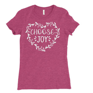 Heather raspberry t-shirt with choose joy design printed in white on the front